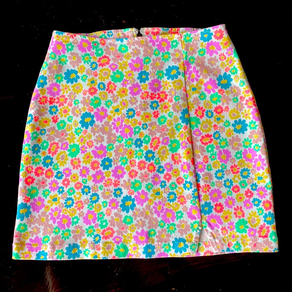 White with neon floral print skirt